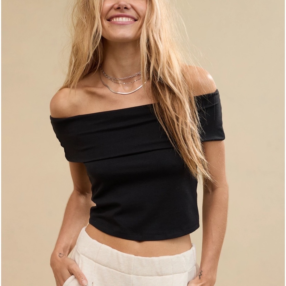 Aerie Chill Up Off the Shoulder‎ Top Black Fold Over Crop Y2K Minimalist Basic L